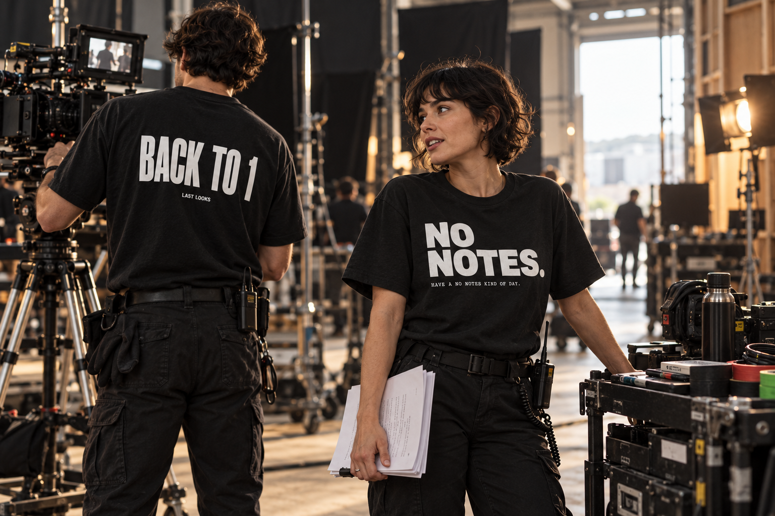 Campaign concept: film crew wearing No Notes and Back to 1 shirts while working on set
